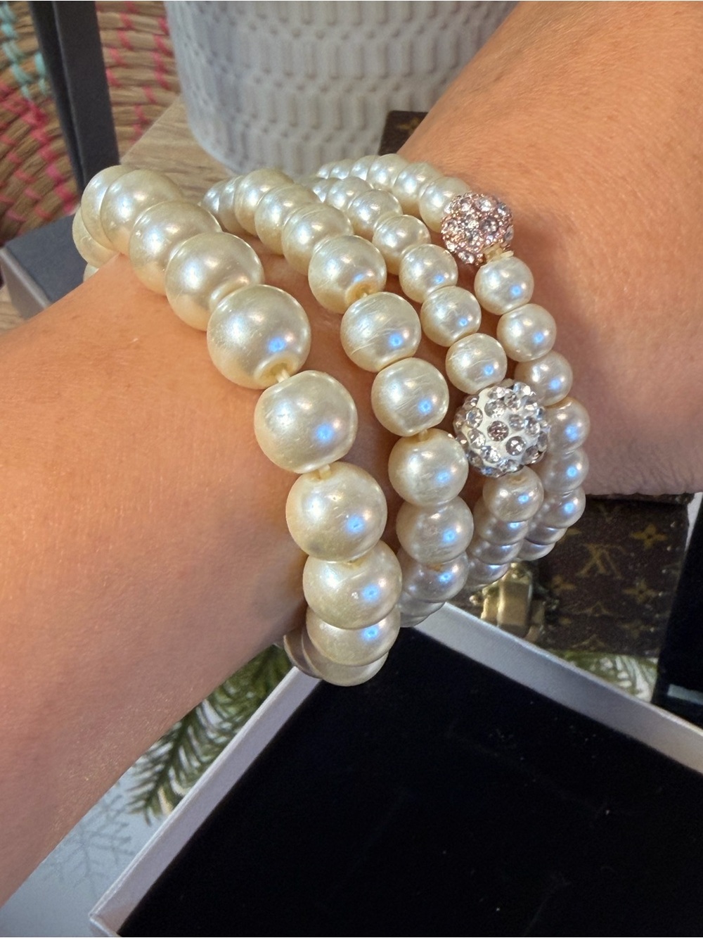 4 Stunning Triple Strand White Faux Pearl Silver Tone Bracelet Crystal Accent